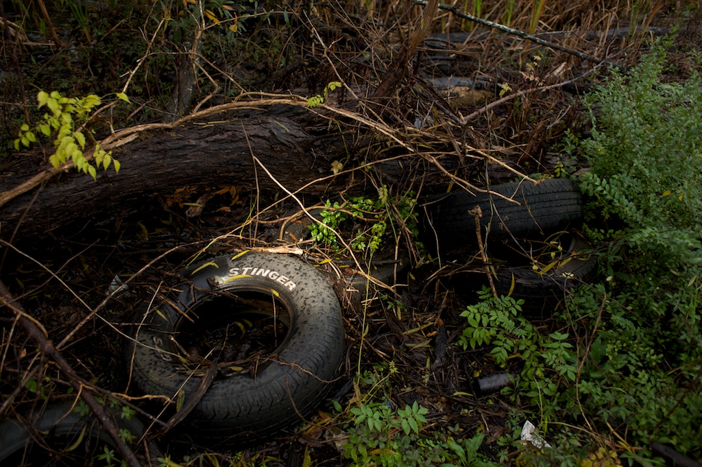 A few tires clutter a ditch north of downtown Mobile, Ala., Tuesday, Dec. 15, 2009.