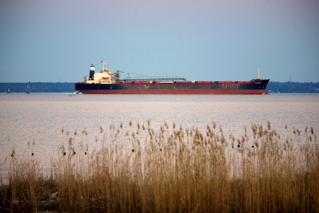 The cargo ship E.H. Blount steams out of Mobile Bay Thursday, Feb. 25, 2010, in Mobile, Ala.