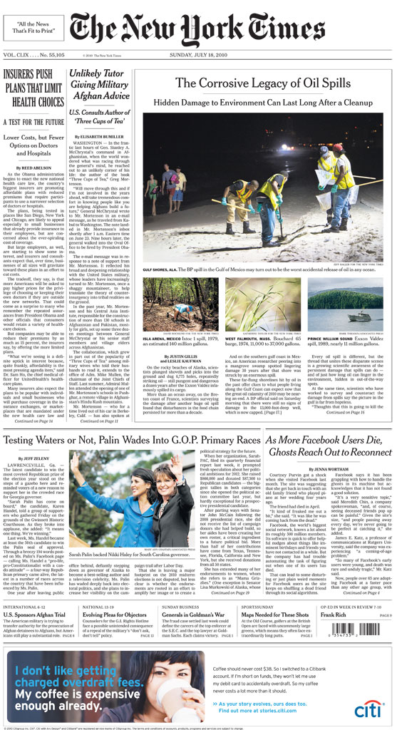 Front page of the Sunday New York Times