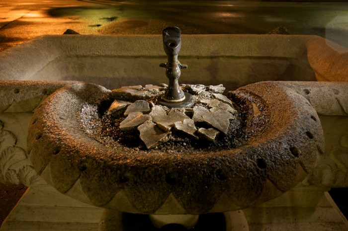 A water fountain at the northwest corner of Bienville Square provides a welcome to the city of Mobile, Ala.