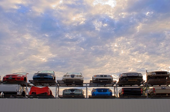 Cars sit on giant shelves at Counselman Automotive Recycling in Whistler, Ala., Saturday, Oct. 24, 2009.