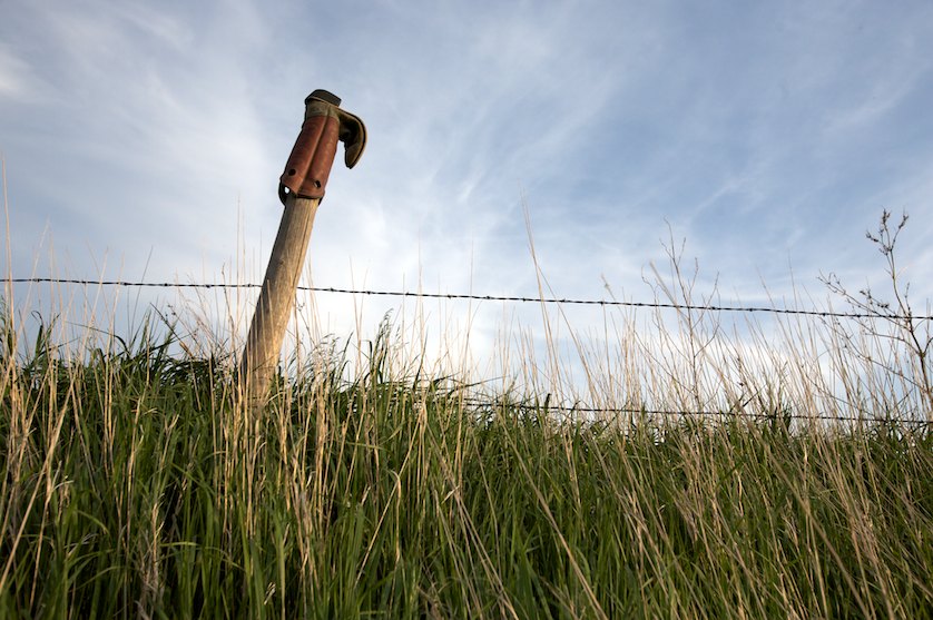 Boots grace the fenceposts on a field on the edge of Guide Rock