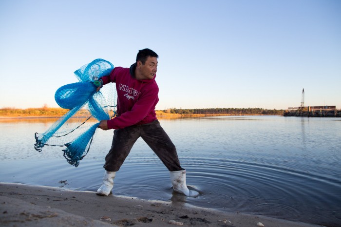 A man casts his net into the water in Bayou la Batre, Ala., Nov. 28, 2014.