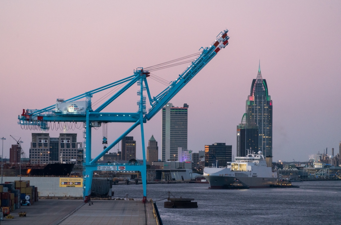 Mobile, Alabama, skyline showing the port